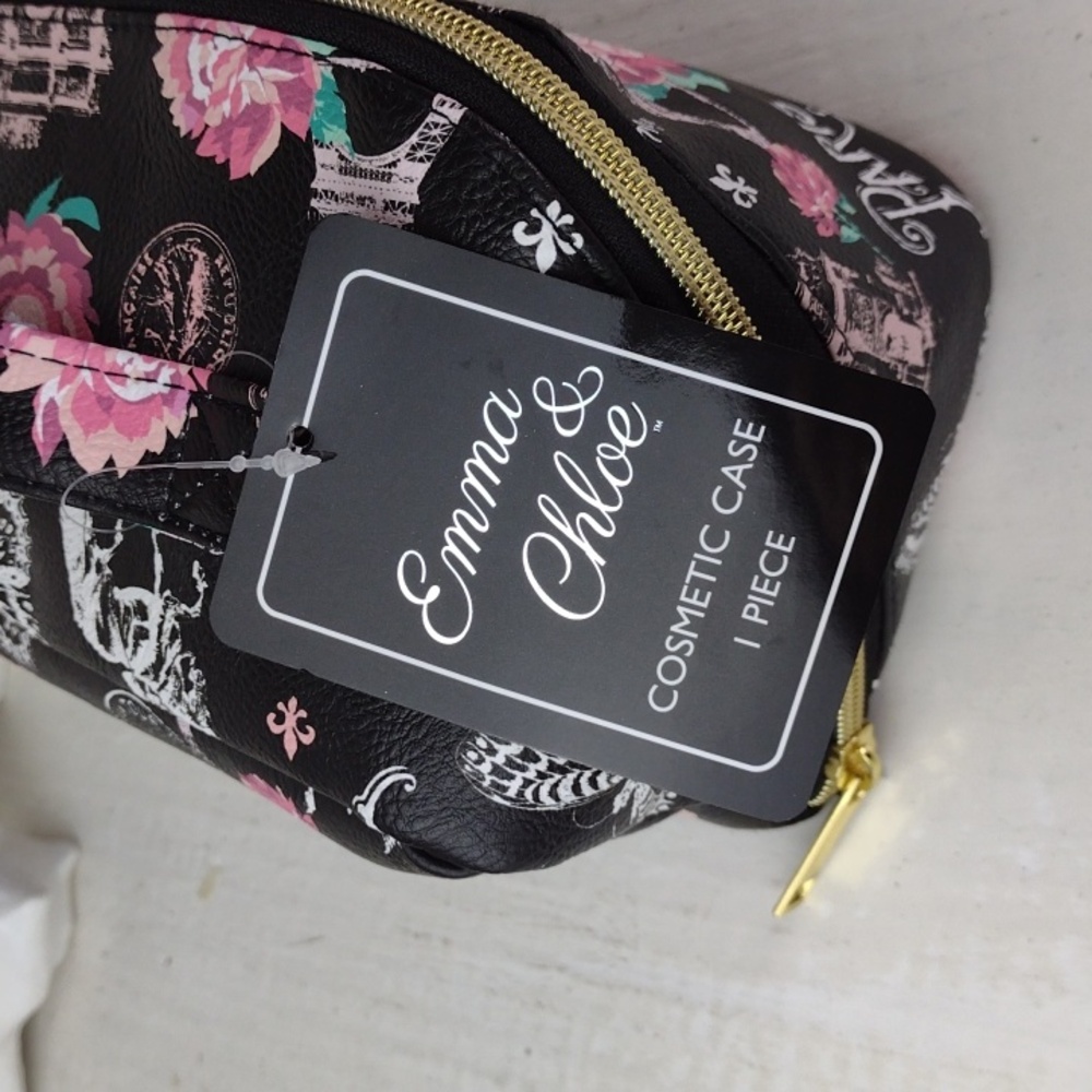 Emma & Chloe Black & Pink Floral & Paris Themed Women's Make-up Bag NWT - Picture 3 of 13